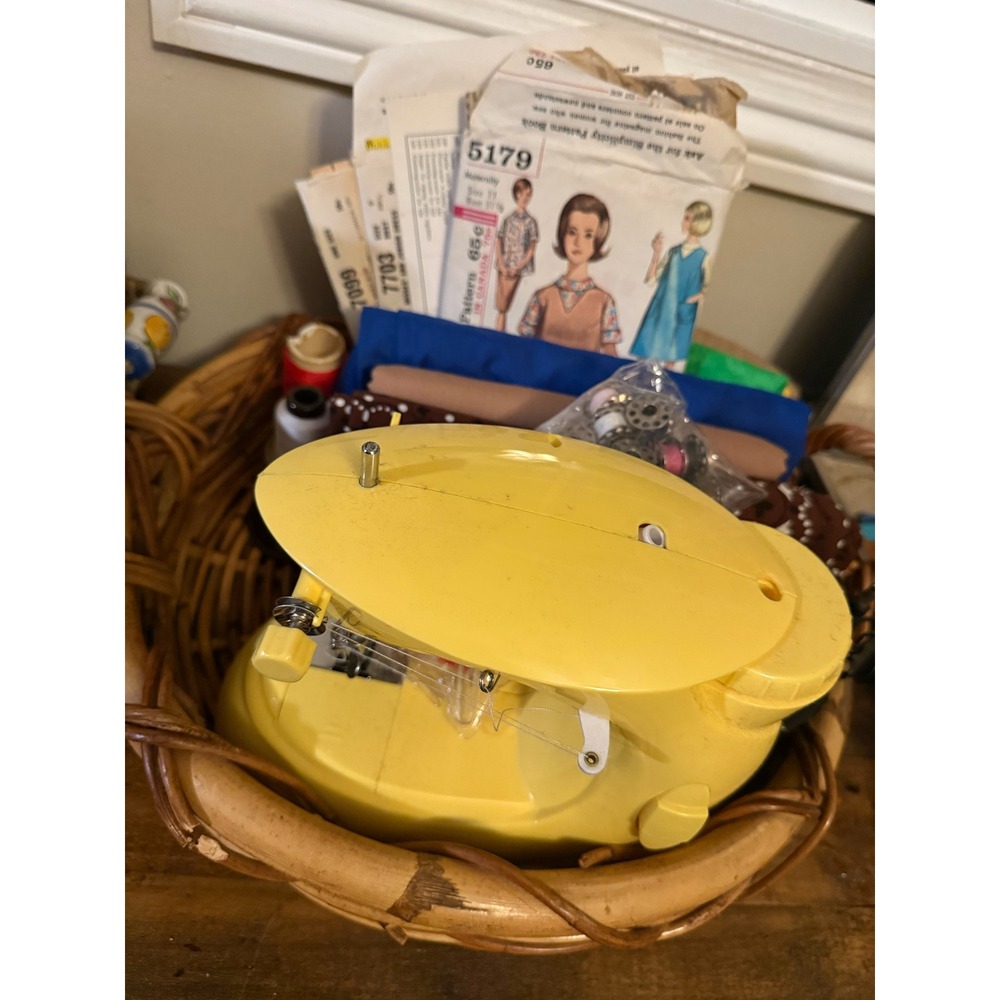 Vintage Yellow Portable Sewing Machine Kit with Wicker Basket and Patterns